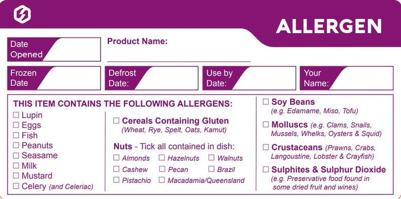 Allergen Storage labels 50mmx100mm displays all Major 14 allergens, (500 labels per roll) QTY Discounts